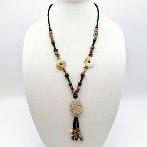 Natural Stone Round Bead Oval Pendant Chip Tassel Boho Fashion Necklace 34”